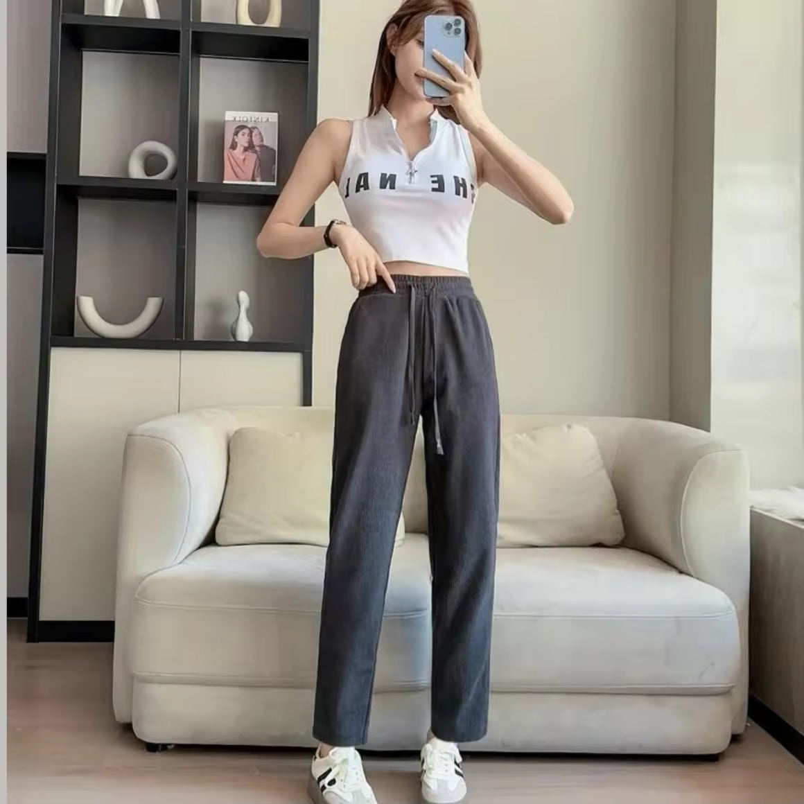 Korean Fashion Women High Waist Cargo Style Pants Casual Outfit Straight Cut Womenswear Trouser Basic Minimalist