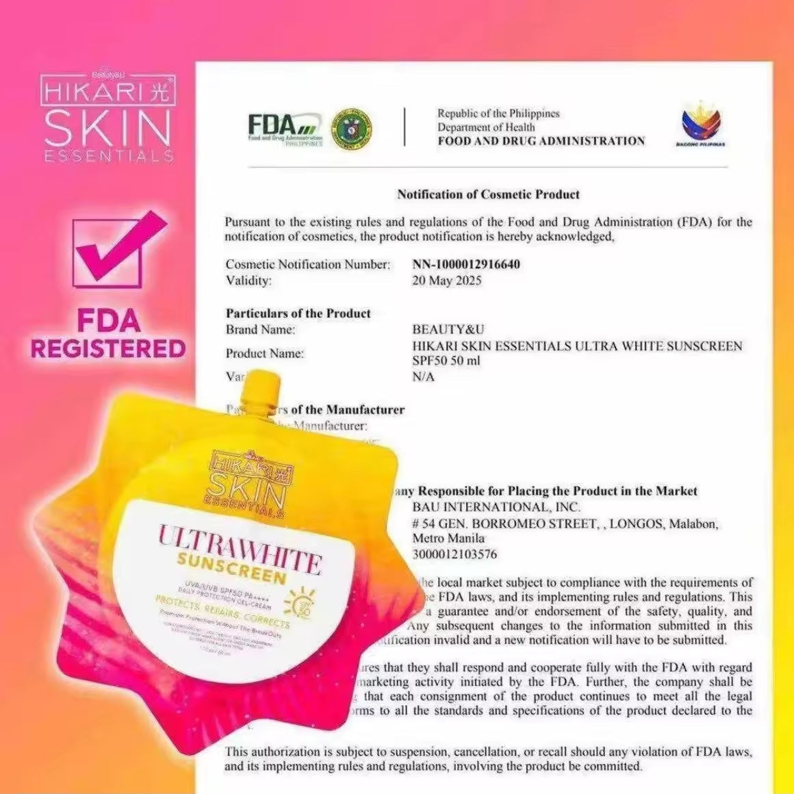 Hikari UltraFresh Sunscreen 50ML for all skin type, whitening, brightening, no white cast, easy to blend, sun protection