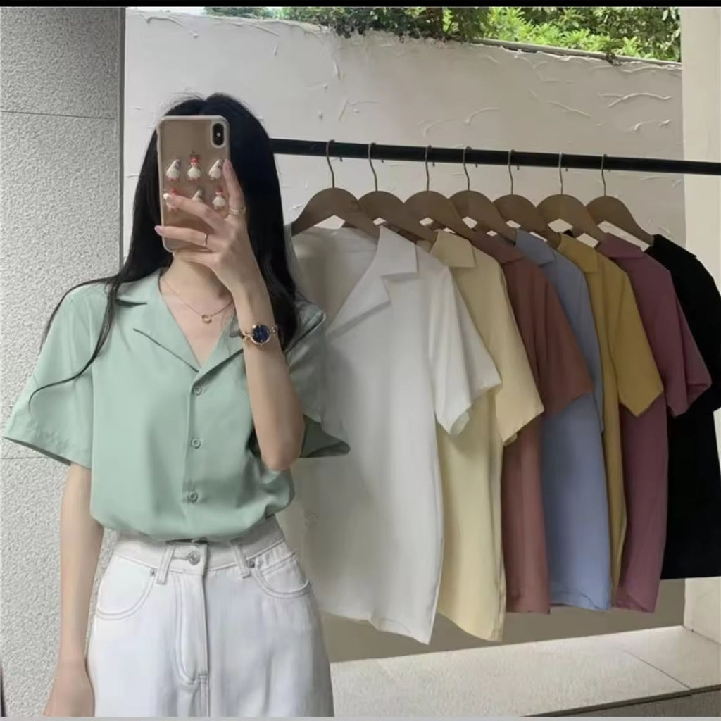 S-2XL Women's Korean Style Plain Color Loose Tops Short Sleeve Shirt Womenswear Blouse Casual Basic Lady