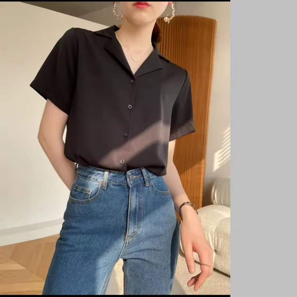 S-2XL Women's Korean Style Plain Color Loose Tops Short Sleeve Shirt Womenswear Blouse Casual Basic Lady
