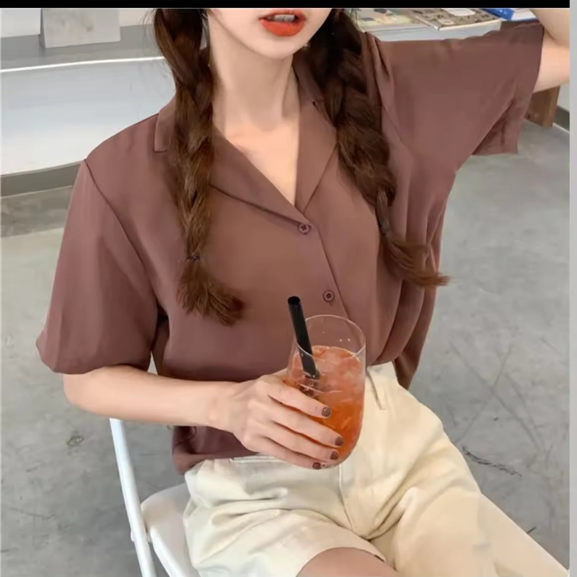 S-2XL Women's Korean Style Plain Color Loose Tops Short Sleeve Shirt Womenswear Blouse Casual Basic Lady