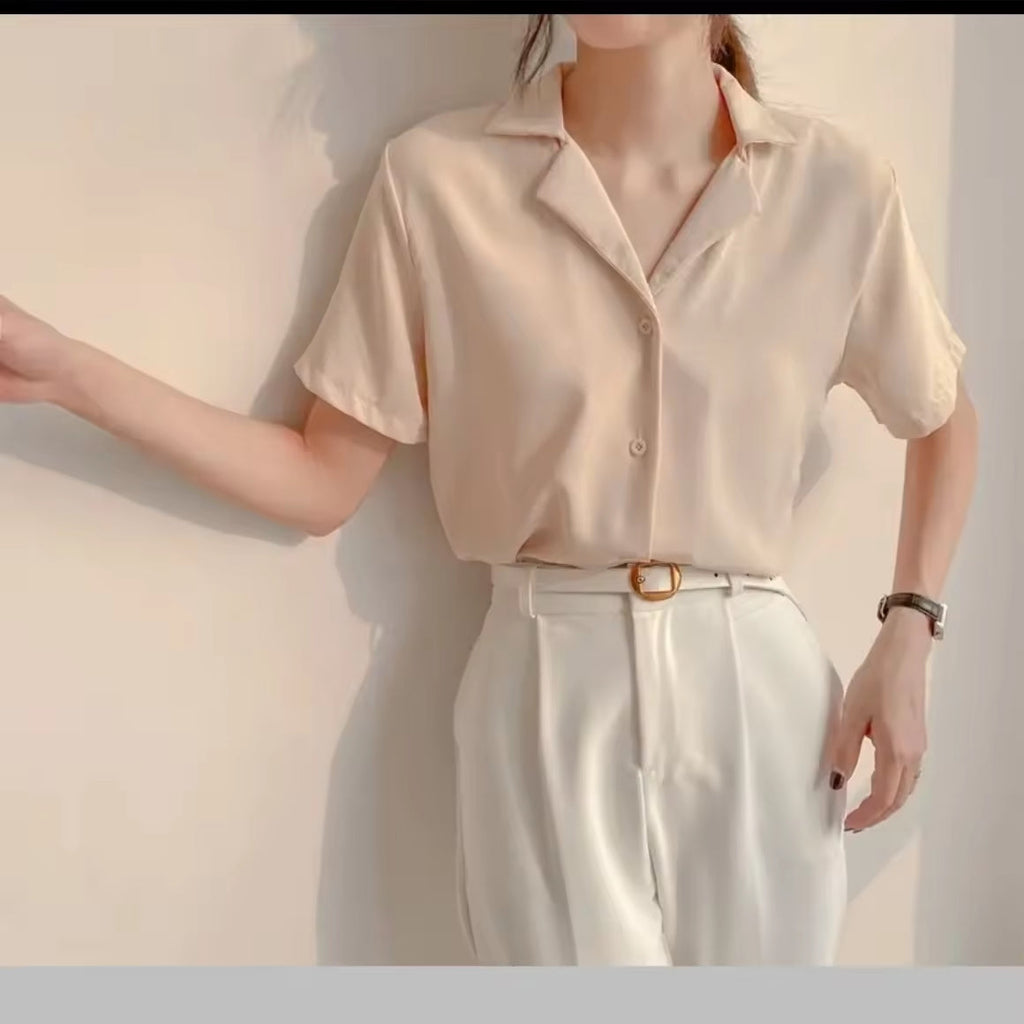 S-2XL Women's Korean Style Plain Color Loose Tops Short Sleeve Shirt Womenswear Blouse Casual Basic Lady