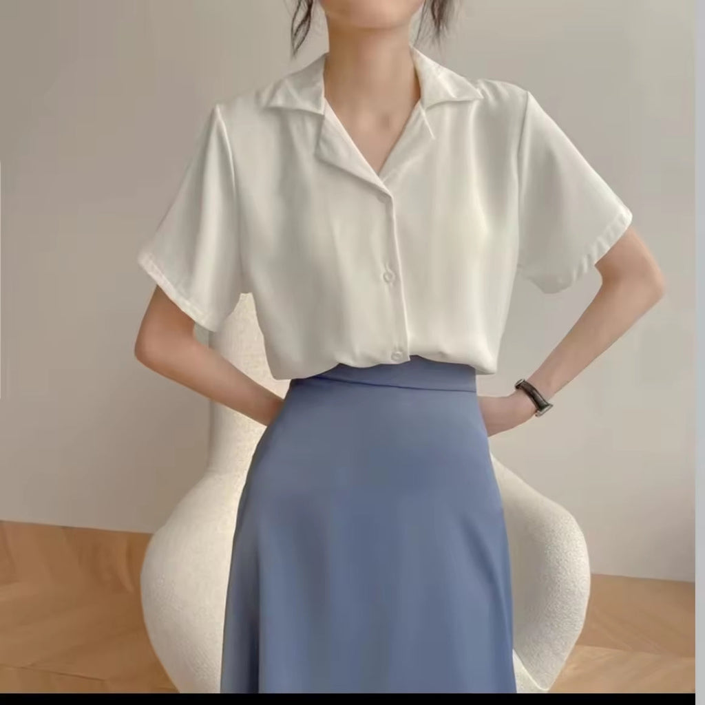 S-2XL Women's Korean Style Plain Color Loose Tops Short Sleeve Shirt Womenswear Blouse Casual Basic Lady
