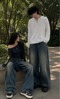 Denim Fashion Unisex High Waist Vintage Blue Wide Leg Jeans Denim Pants For Men and Women